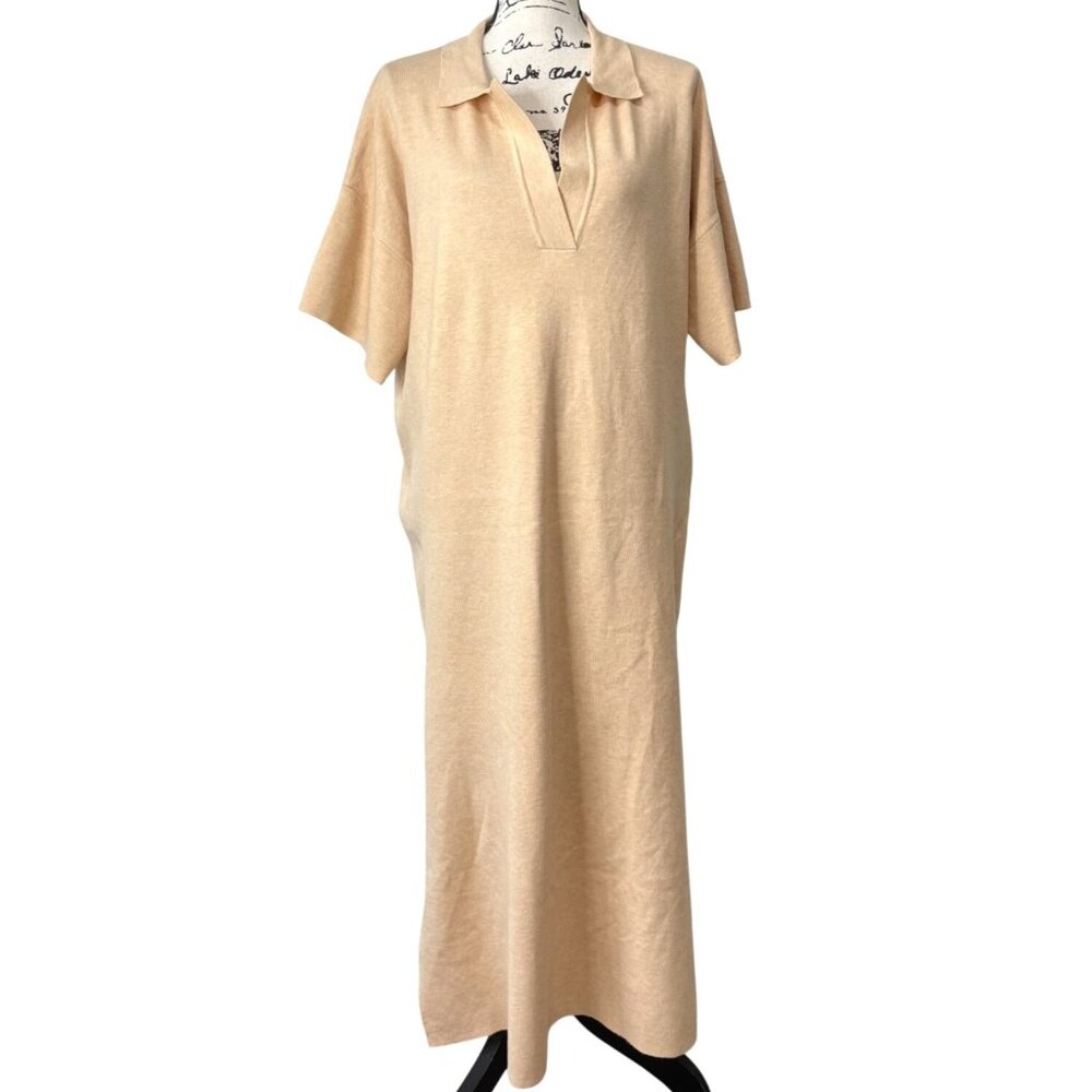 Tuckernuck Channing Polo Midi Knit Dress Short Sleeves Side-Slit Beige Women XXL - Picture 2 of 9